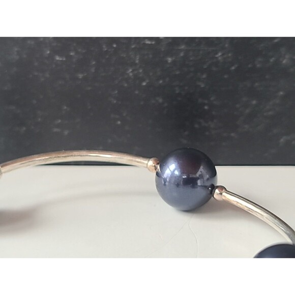 925 Sterling Silver Faux Blue Pearl Beaded Bangle Bracelet Vintage - Picture 7 of 10